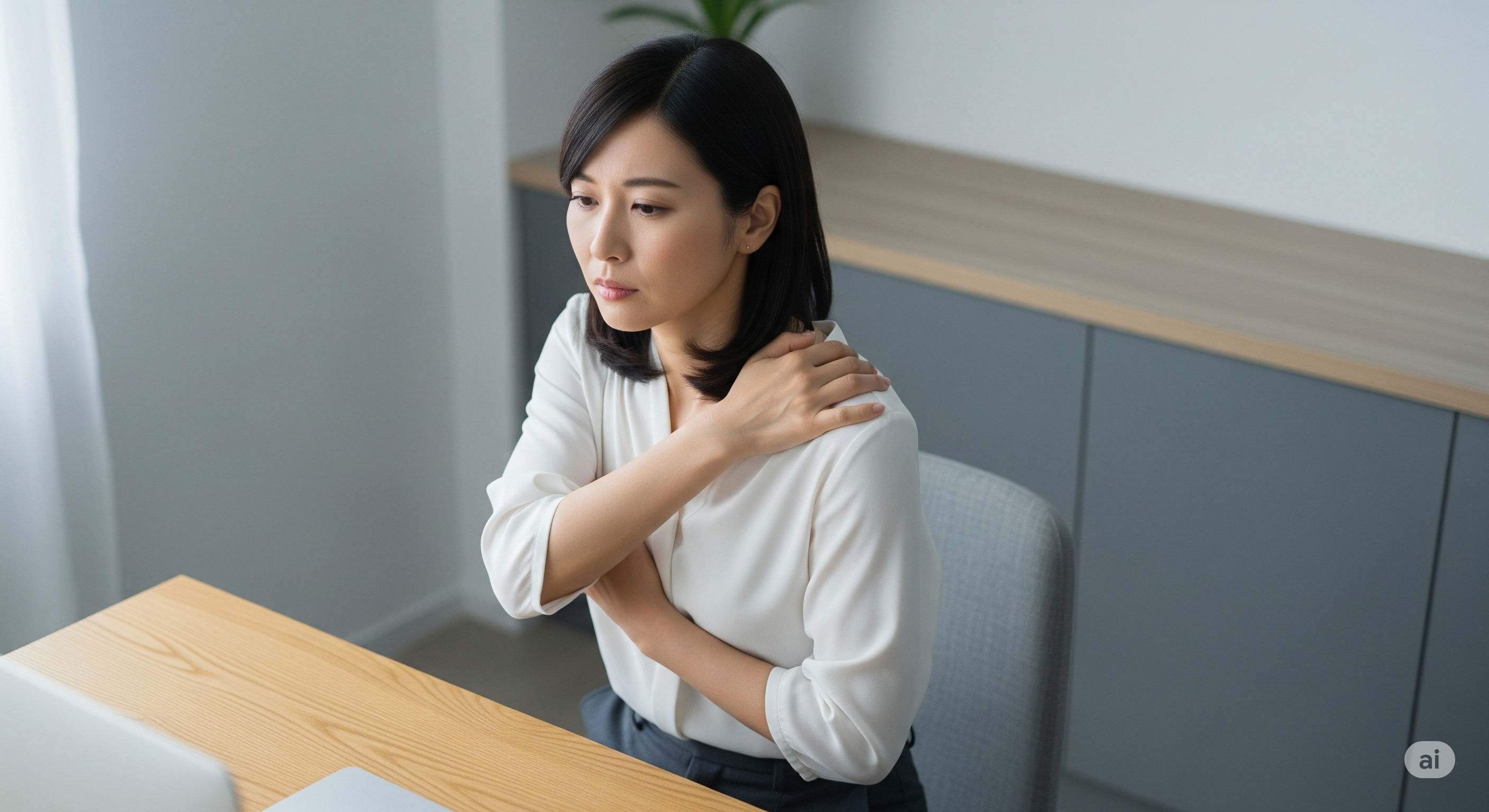 呼吸が浅くなると、まず胸まわりや首、肩がこわばります。