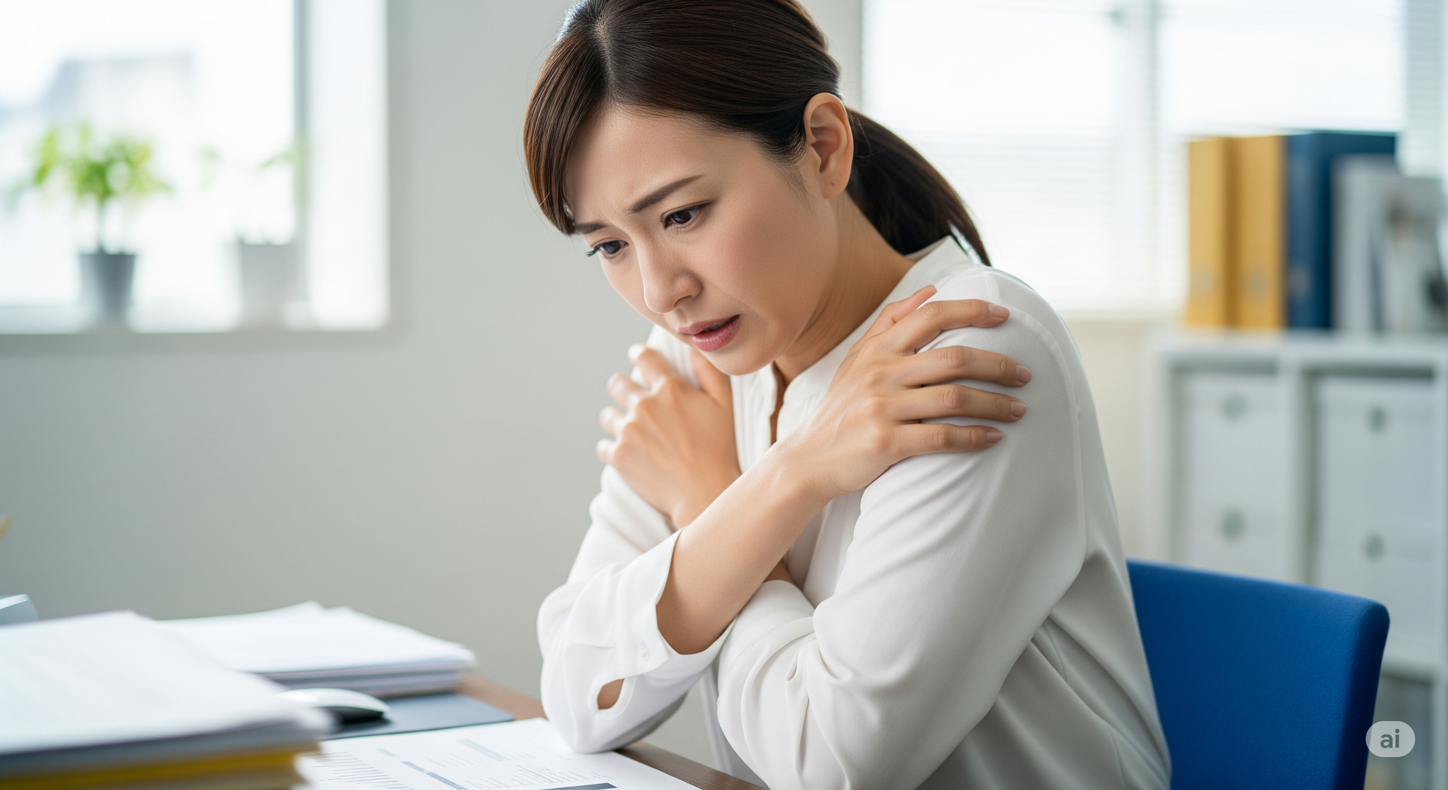 首や肩まわりに無意識の緊張が出て、全体として「ぎゅっと縮こまっている」